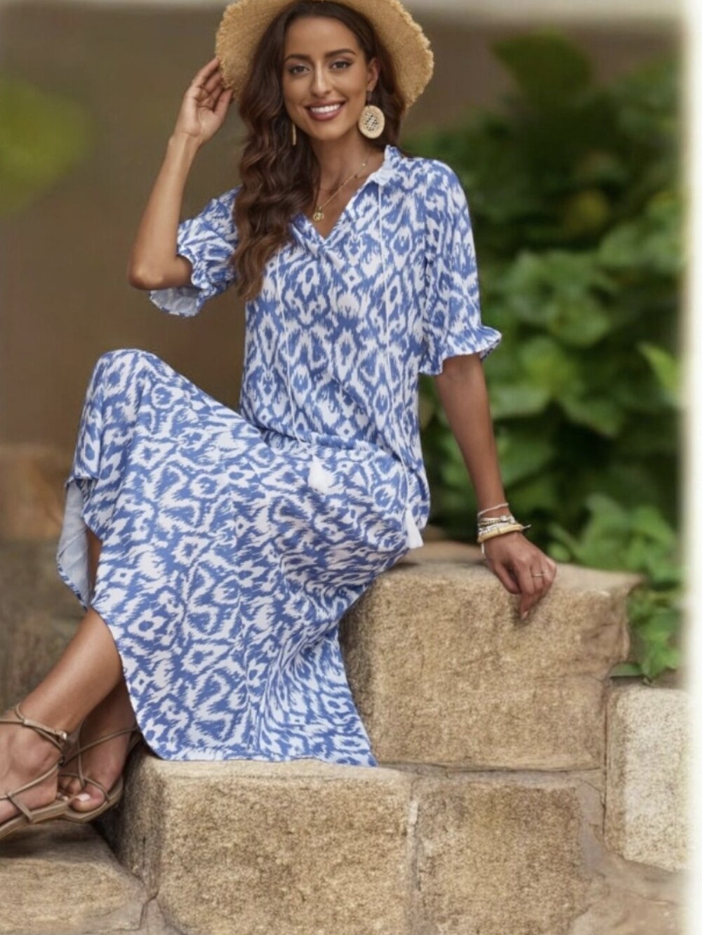 #K121 Blue Ikat Print V-Neck Maxi Dress
